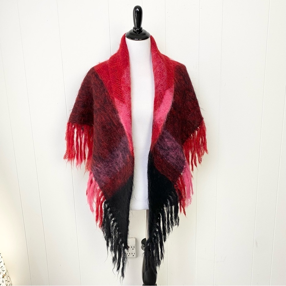 VTG Royal Scot Mohair & Wool Wrap Cape Shawl Red‎ Pink Black Fringe England